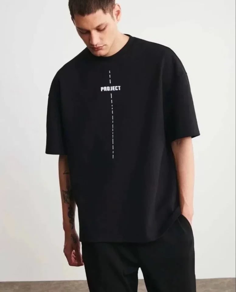 Unisex Bisiklet Yaka Baskılı Oversize T-shirt - Siyah