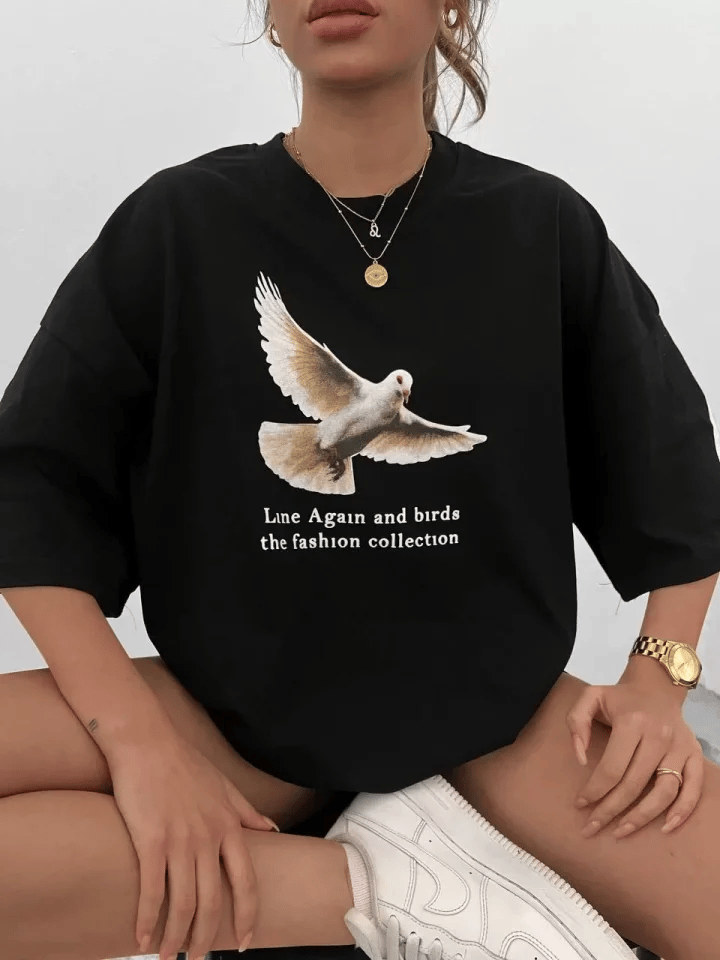 Unisex Bisiklet Yaka Baskılı Oversize T-shirt - Siyah