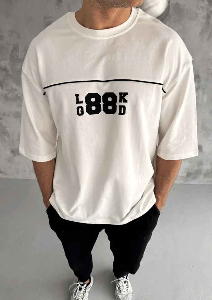 Unisex Bisiklet Yaka Baskılı Oversize T-shirt - Beyaz