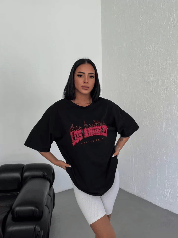 Unisex Bisiklet Yaka Baskılı Oversize T-shirt - Siyah