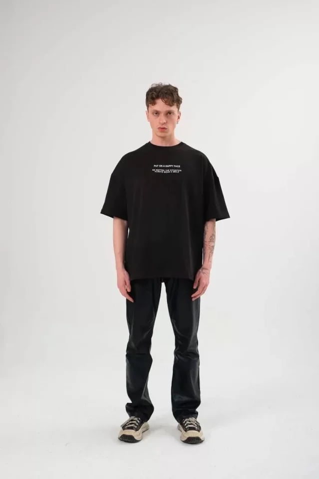 Unisex Bisiklet Yaka Baskılı Oversize T-shirt - Siyah