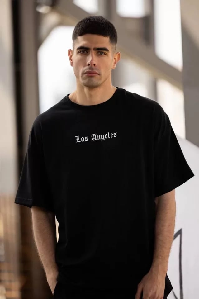 Unisex Bisiklet Yaka Baskılı Oversize T-shirt - Siyah