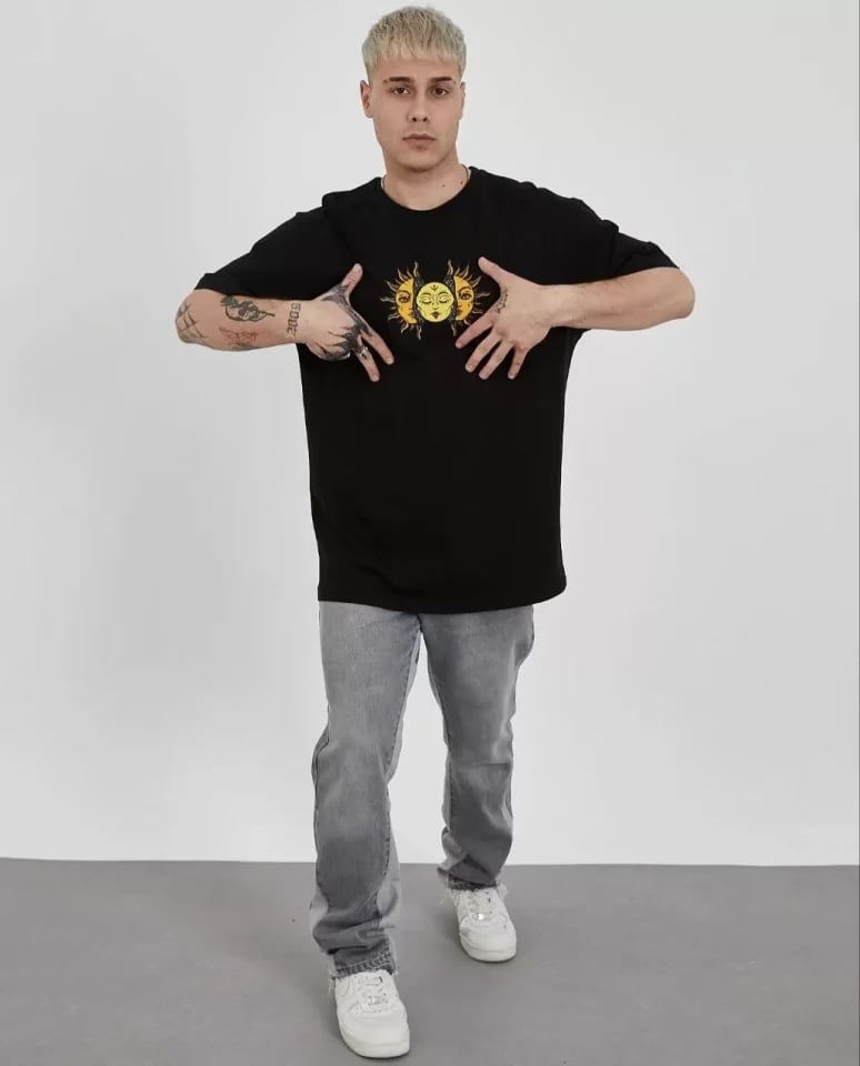 Unisex Bisiklet Yaka Baskılı Oversize T-shirt - Siyah