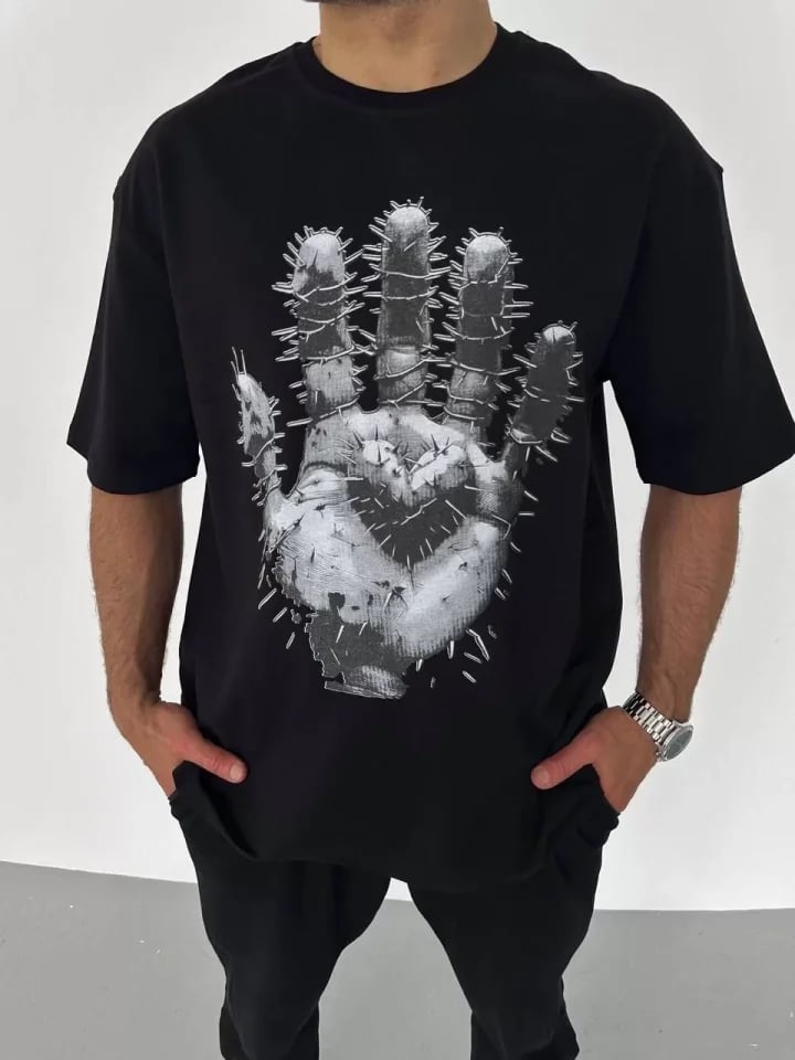 Unisex Bisiklet Yaka Baskılı Oversize T-shirt - Beyaz