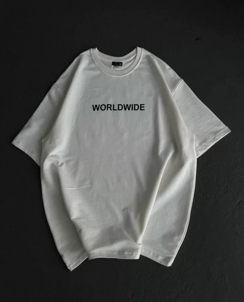 Unisex Bisiklet Yaka Baskılı Oversize T-shirt - Beyaz