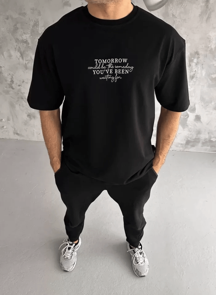 Unisex Bisiklet Yaka Baskılı Oversize T-shirt - Siyah