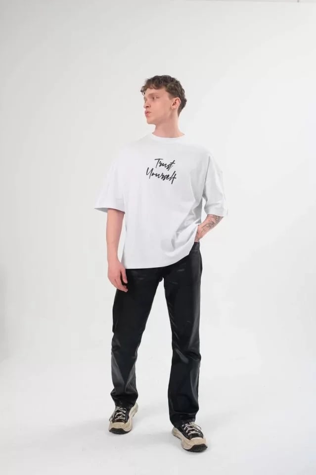 Unisex Bisiklet Yaka Baskılı Oversize T-shirt - Beyaz