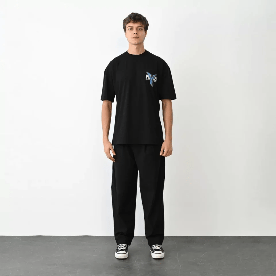 Unisex Bisiklet Yaka Baskılı Oversize T-shirt - Siyah
