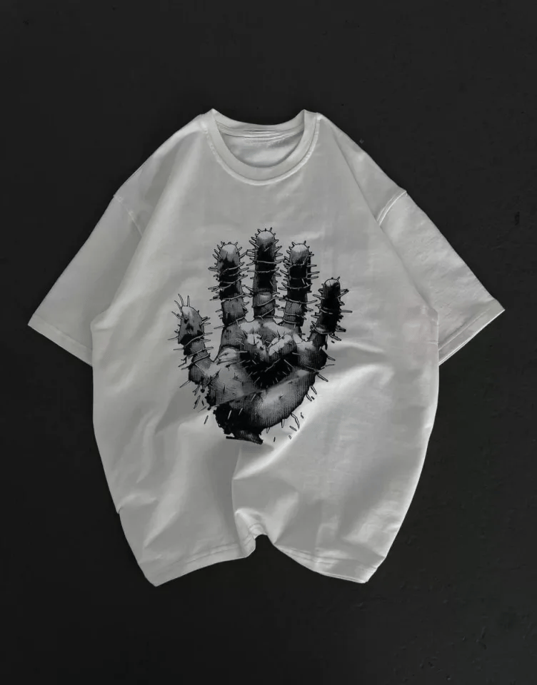 Unisex Bisiklet Yaka Baskılı Oversize T-shirt - Beyaz