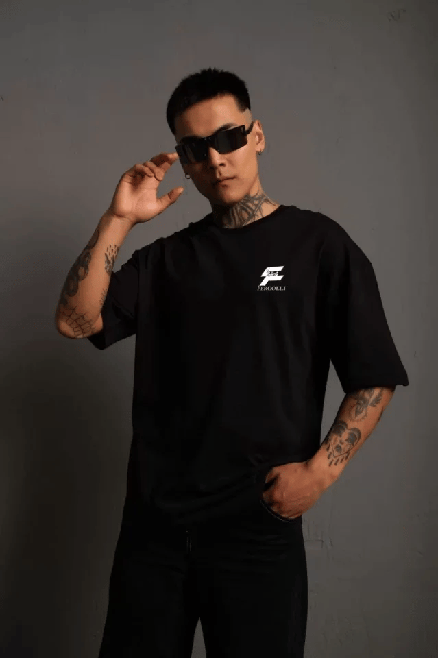 Unisex Bisiklet Yaka Baskılı Oversize T-shirt - Siyah
