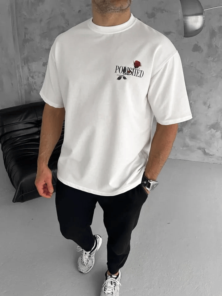 Unisex Bisiklet Yaka Baskılı Oversize T-shirt - Beyaz