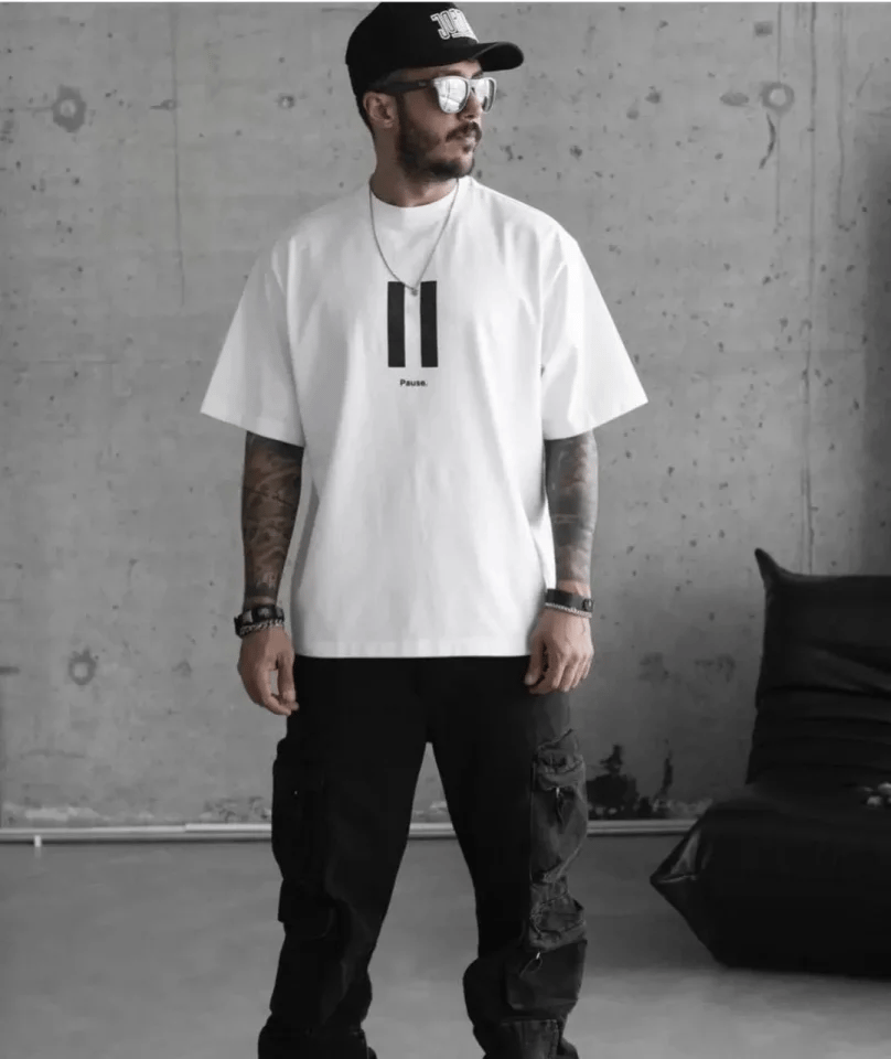 Unisex Bisiklet Yaka Baskılı Oversize T-shirt - Beyaz