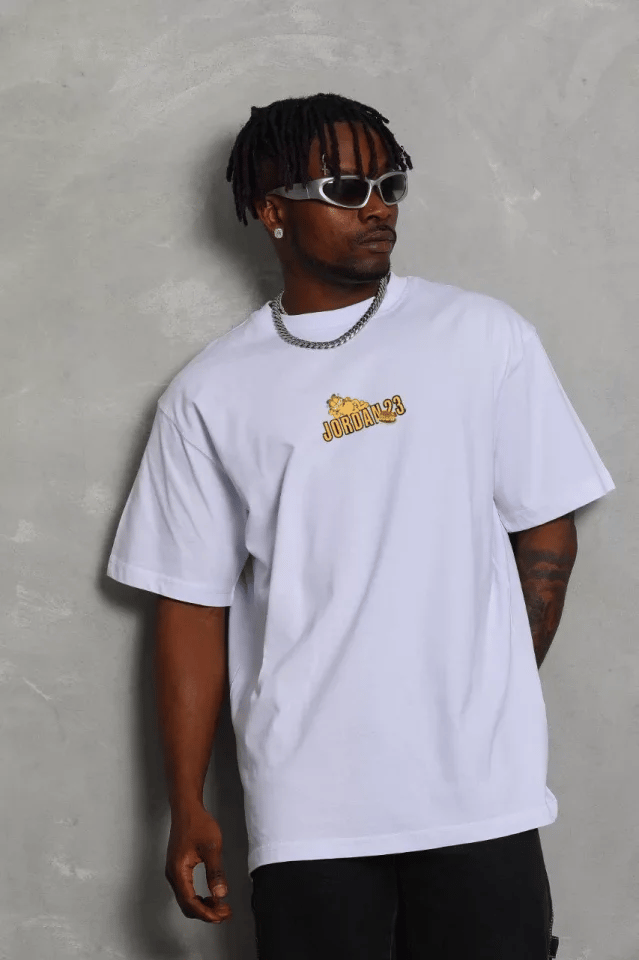 Unisex Bisiklet Yaka Baskılı Oversize T-shirt - Beyaz