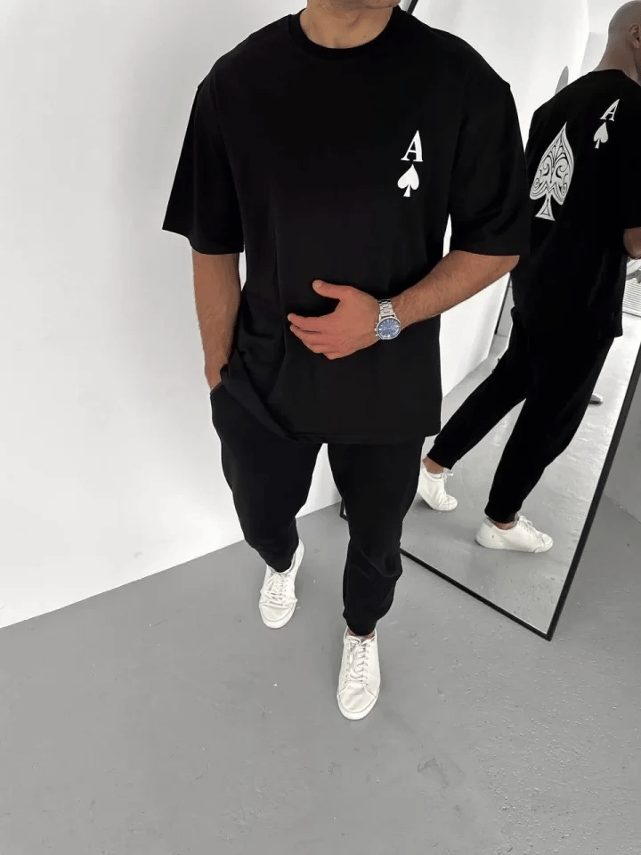 Unisex Bisiklet Yaka Baskılı Oversize T-shirt - Siyah