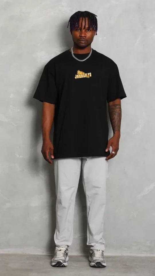 Unisex Bisiklet Yaka Baskılı Oversize T-shirt - Siyah