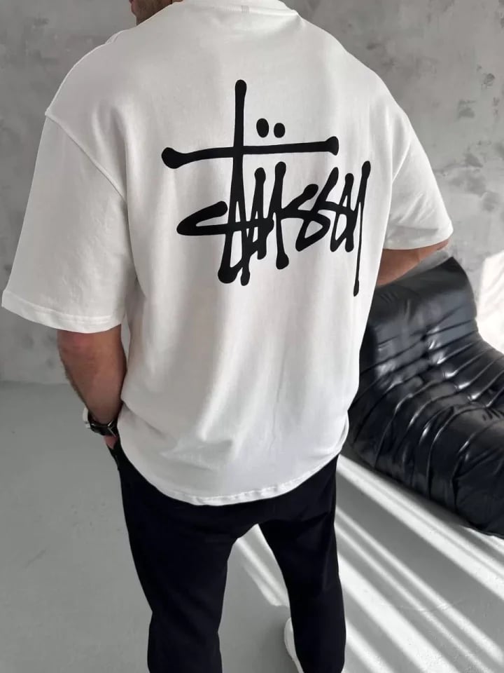Unisex Bisiklet Yaka Baskılı Oversize T-shirt - Beyaz
