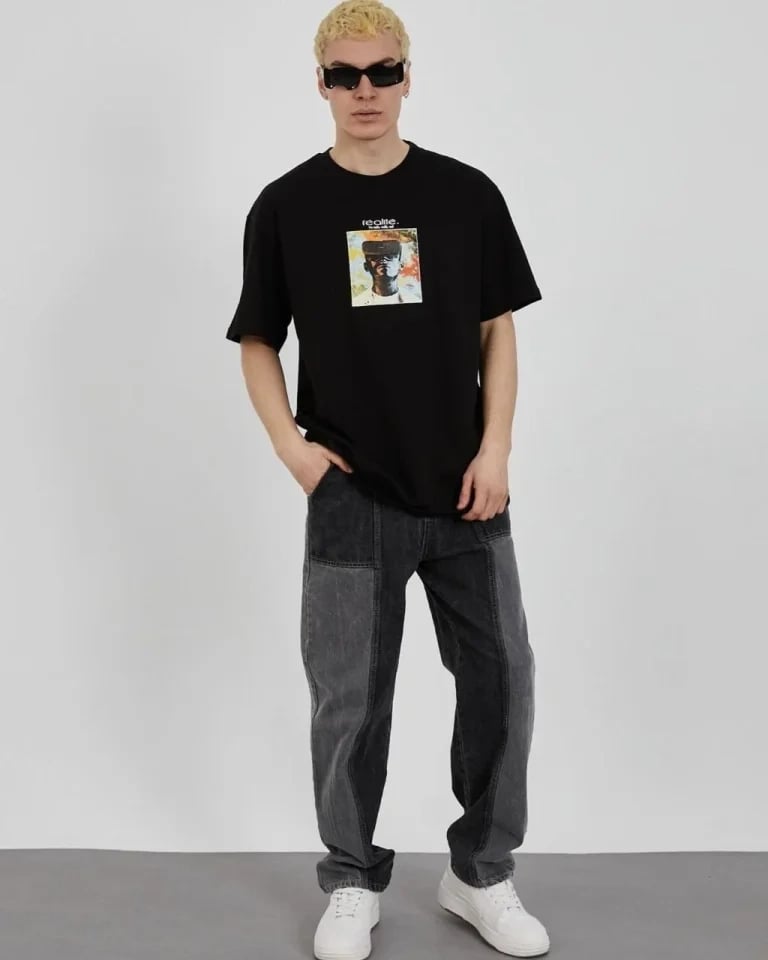 Unisex Bisiklet Yaka Baskılı Oversize T-shirt - Siyah