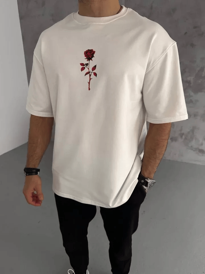 Unisex Bisiklet Yaka Baskılı Oversize T-shirt - Beyaz