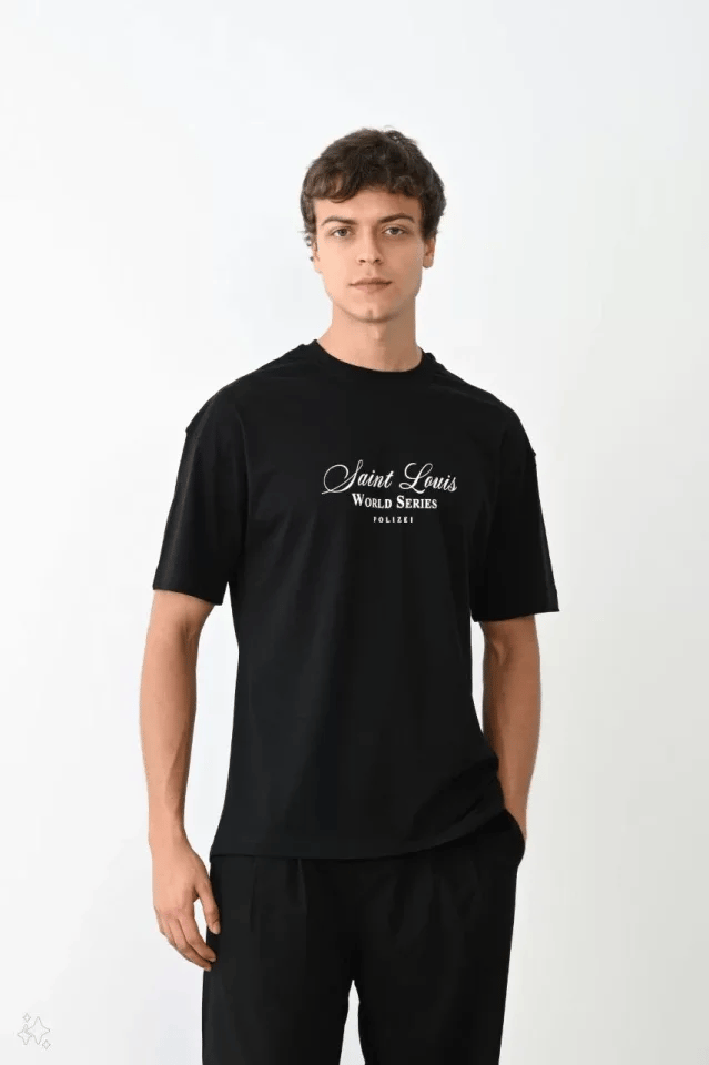 Unisex Bisiklet Yaka Baskılı Oversize T-shirt - Siyah