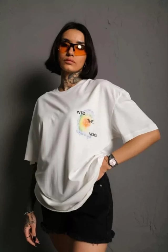 Unisex Bisiklet Yaka Baskılı Oversize T-shirt - Beyaz