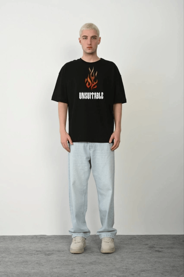 Unisex Bisiklet Yaka Baskılı Oversize T-shirt - Siyah