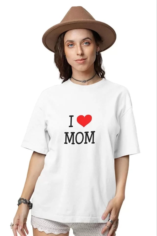 Unisex Bisiklet Yaka Baskılı Oversize T-shirt - Beyaz