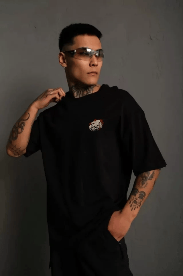 Unisex Bisiklet Yaka Baskılı Oversize T-shirt - Siyah
