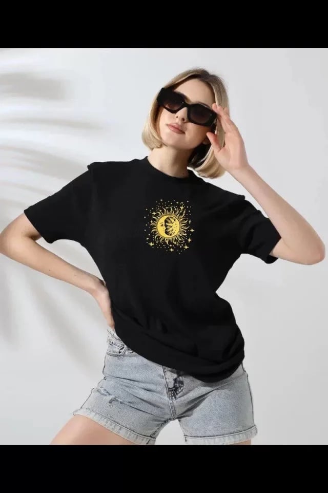 Unisex Bisiklet Yaka Baskılı T-shirt - Siyah