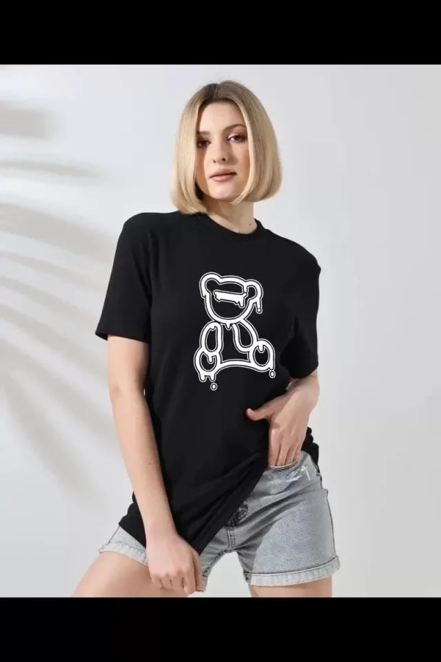 Unisex Bisiklet Yaka Baskılı T-shirt - Siyah