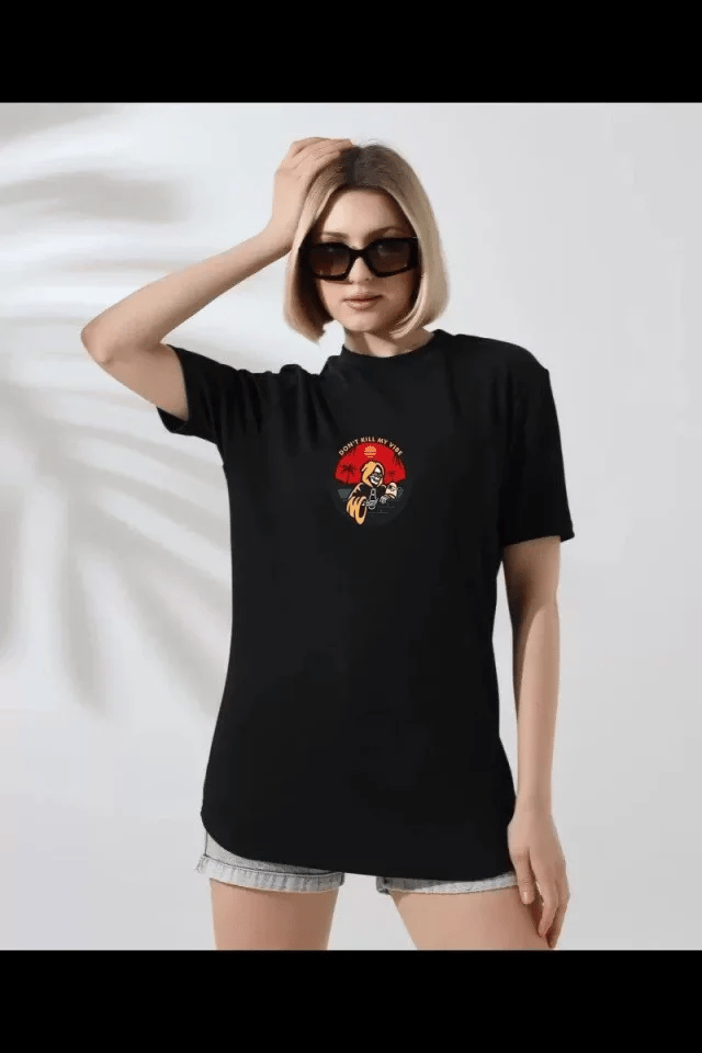 Unisex Bisiklet Yaka Baskılı T-shirt - Siyah