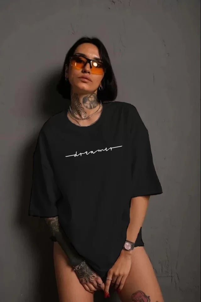 Unisex Bisiklet Yaka Baskılı T-shirt - Siyah