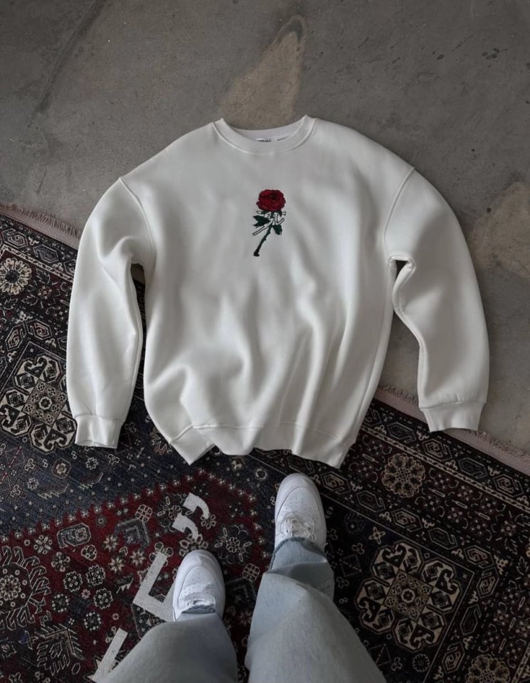 Unisex Bisiklet Yaka Ön Ve Arka Baskılı Sweatshirt - Beyaz