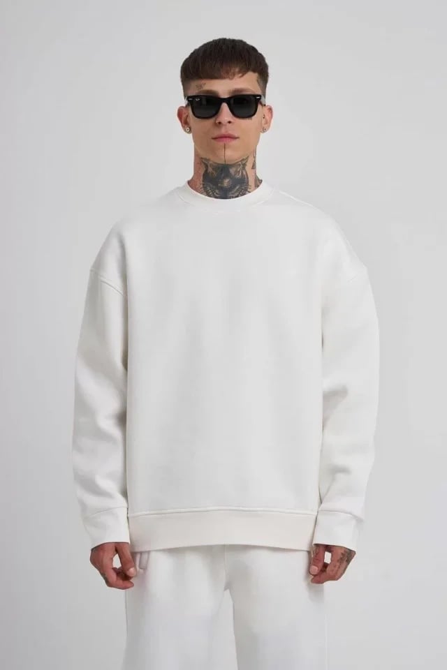 Unisex Biskilet Yaka Üç İplik Sweatshirt - Beyaz