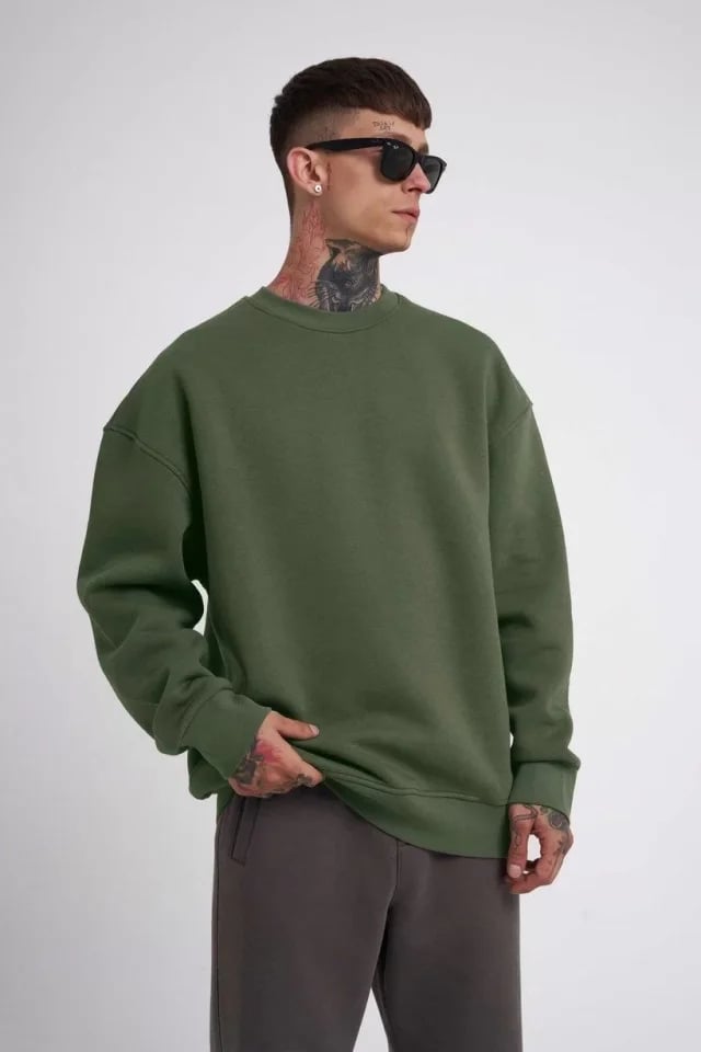 Unisex Biskilet Yaka Üç İplik Sweatshirt - Haki