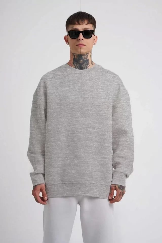 Unisex Biskilet Yaka Üç İplik Sweatshirt - Gri