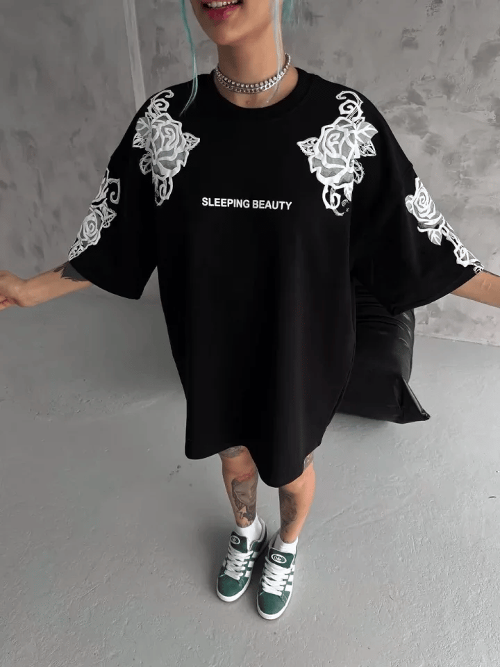 Unisex Flok Kabartma Baskılı T-shirt - Siyah