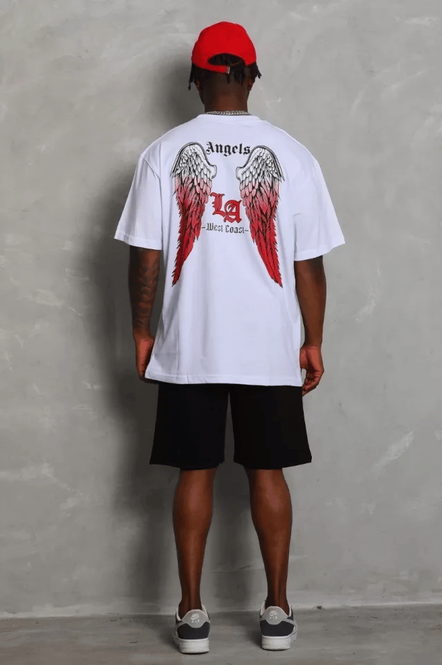 Unisex Oversize Baskılı Bisiklet Yaka T-shirt - Beyaz