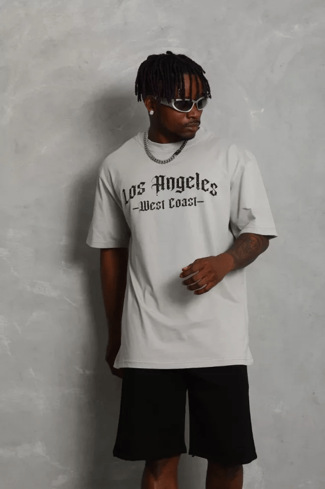 Unisex Oversize Baskılı Bisiklet Yaka T-shirt - Gri