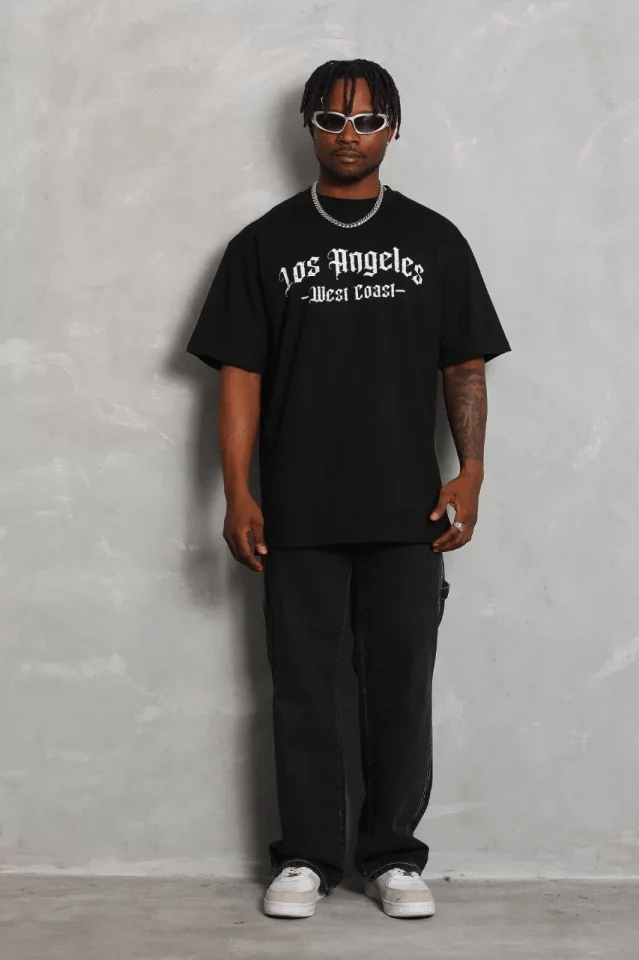 Unisex Oversize Baskılı Bisiklet Yaka T-shirt - Siyah