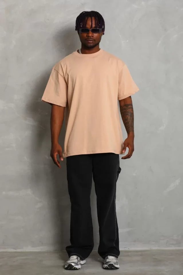 Unisex Oversize Düz Bisiklet Yaka T-shirt - Bej