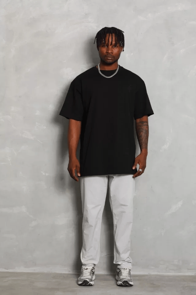 Unisex Oversize Düz Bisiklet Yaka T-shirt - Siyah