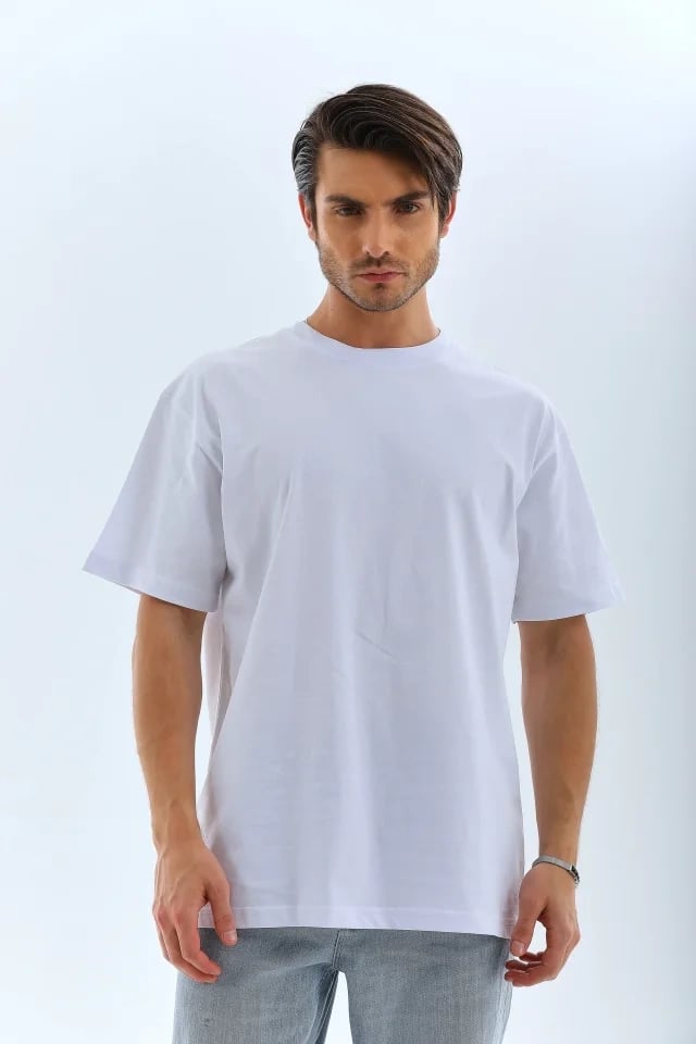 Unisex Oversize Düz Bisiklet Yaka T-shirt - Beyaz