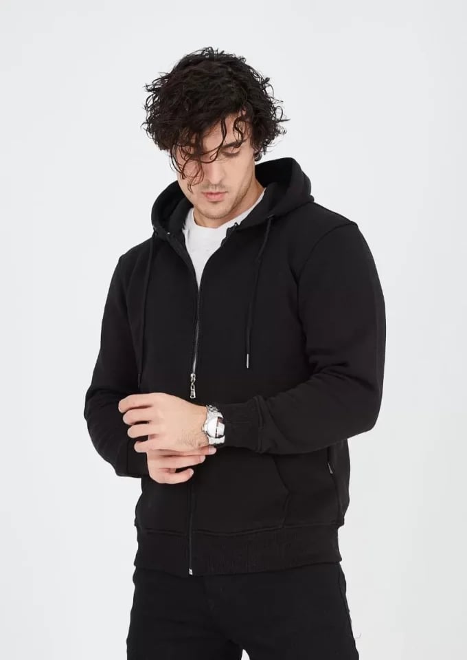 Unisex Tam Fermuarlı Kapşonlu  Sweatshirt - Siyah
