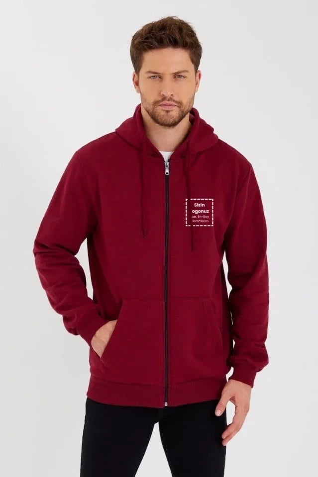 Unisex Tam Fermuarlı Kapşonlu özel Tasarım Sweatshirt - Bordo