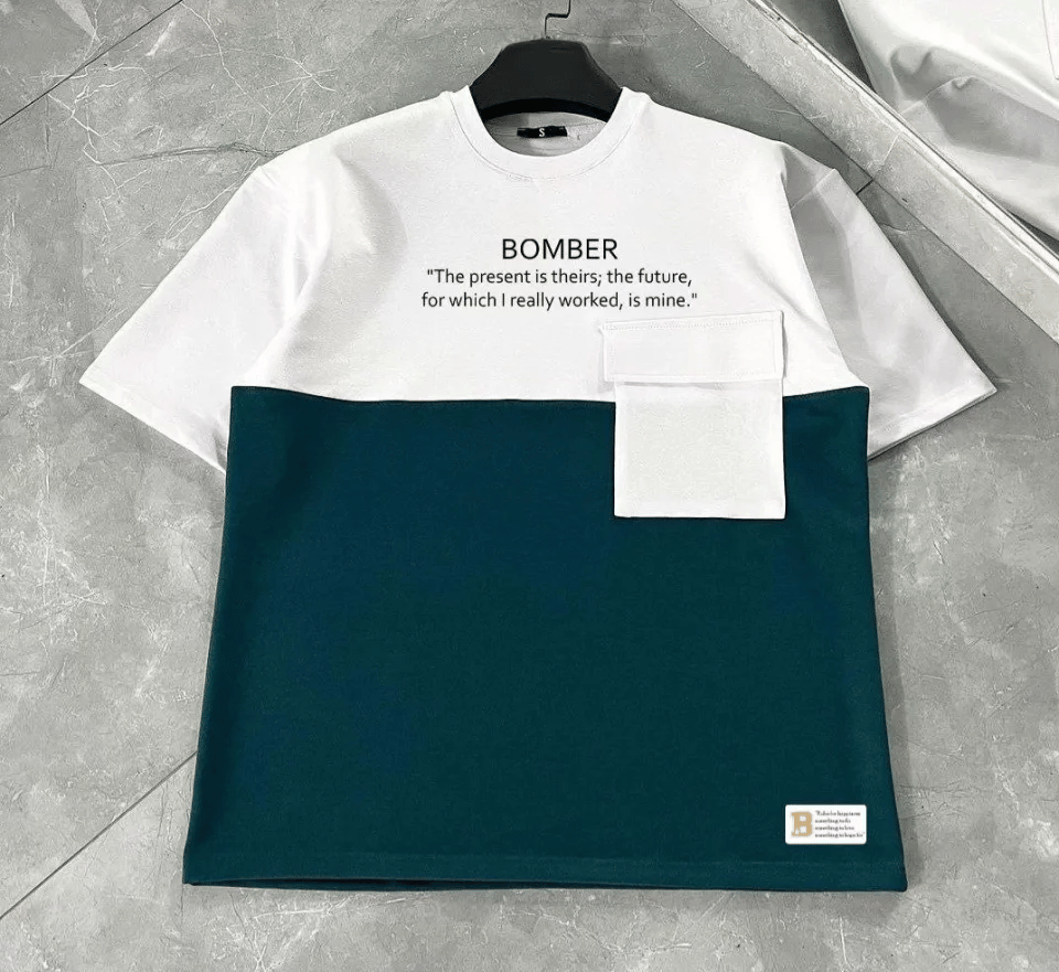 Unisex Torba Cep Detaylı  Parçalı T-shirt - Lacivert