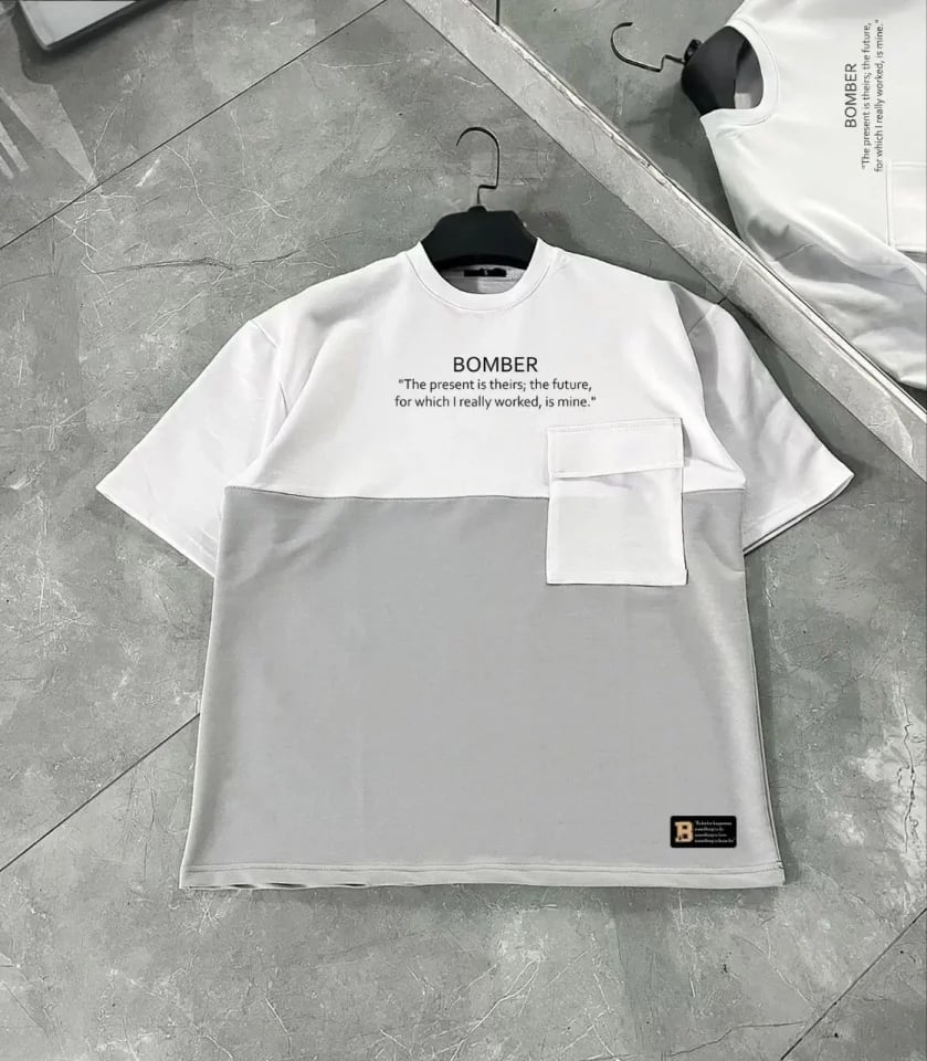 Unisex Torba Cep Detaylı  Parçalı T-shirt - Gri