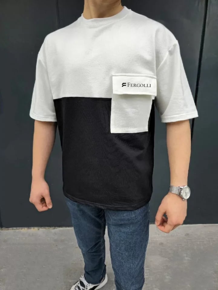 Unisex Torba Cep Detaylı  Parçalı T-shirt - Siyah