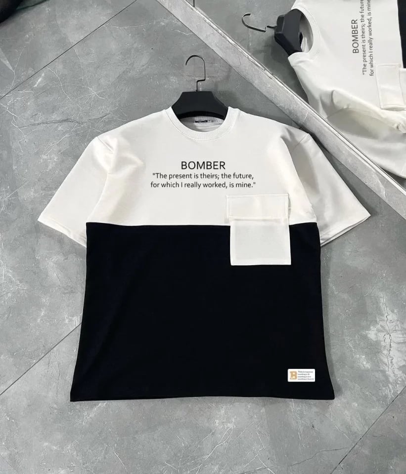 Unisex Torba Cep Detaylı  Parçalı T-shirt - Siyah