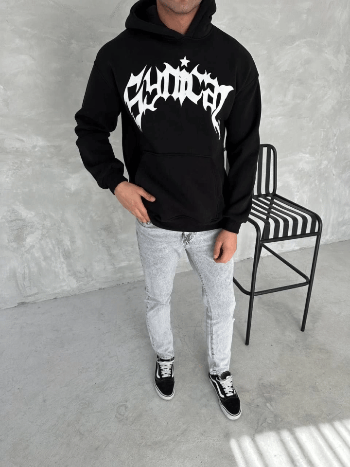 Unisex Üç İplik Kapşonlu Baskılı Sweatshirt - Siyah