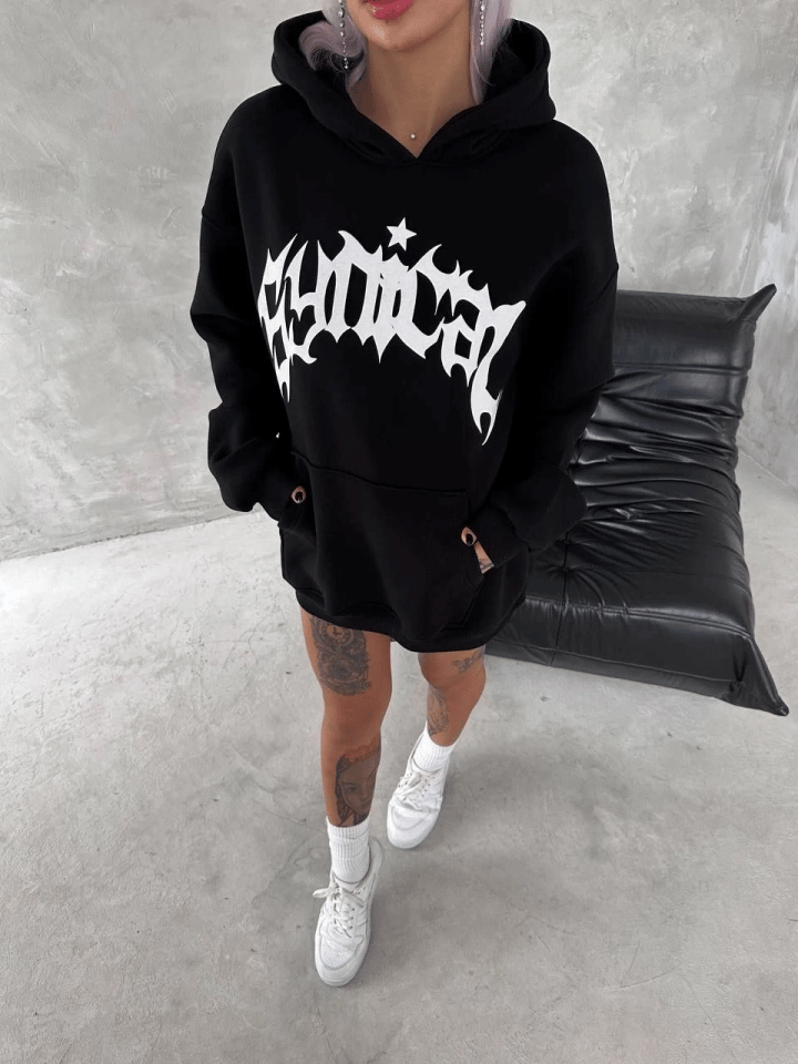 Unisex Üç İplik Kapşonlu Baskılı Sweatshirt - Siyah